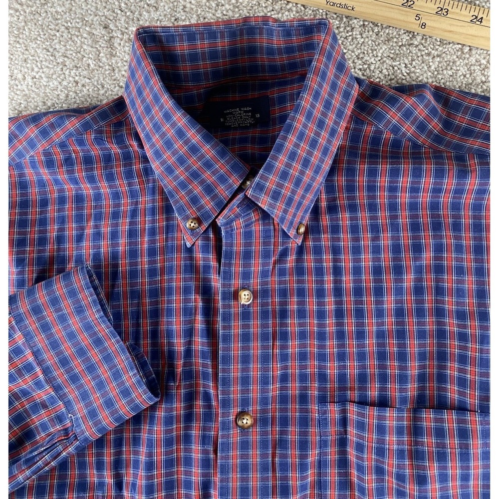 Brooks Brothers Red/Blue Plaid Gingham Shirt Men L Non Iron Cotton Pocket Preppy